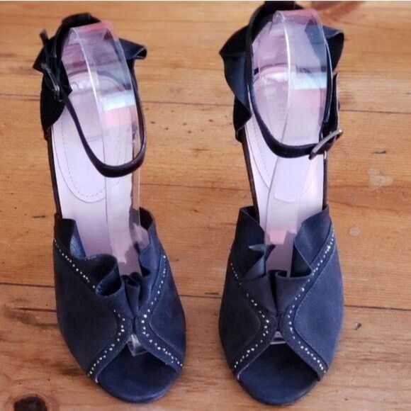 Rebecca Taylor Leather Suede Ankle Strap Peep Toe Embellished Shoes Heels Size 6 - Picture 4 of 6